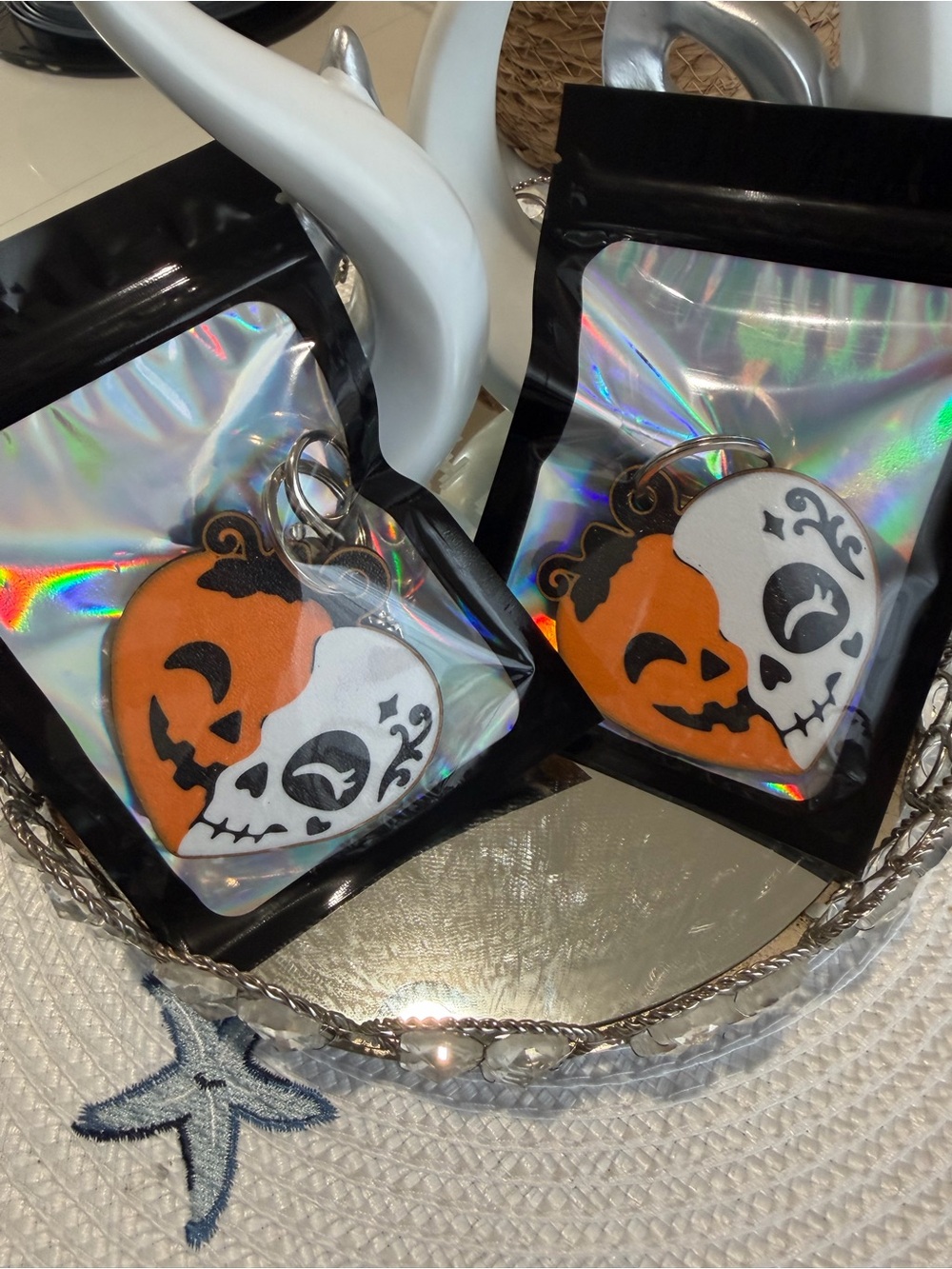 Halloween Pumpkin & Sugar Skull Keychain - Orange and White